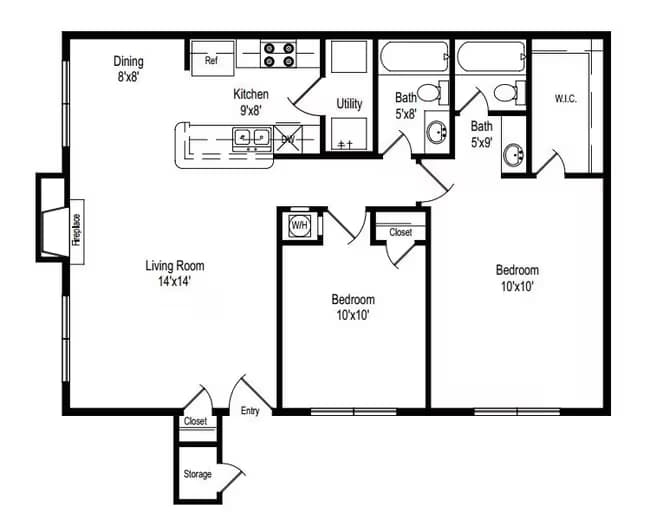 2X2- 960sqft 607 floor plan