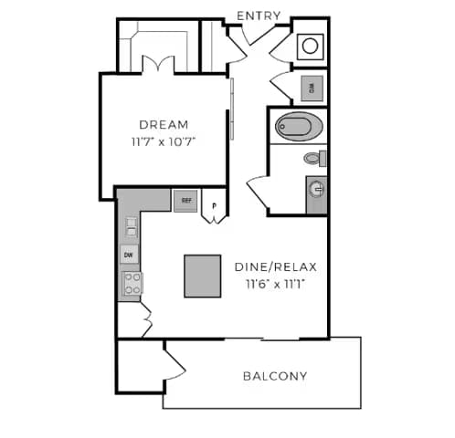 Flat 1 Bed 1 Bath 1-1107 floor plan