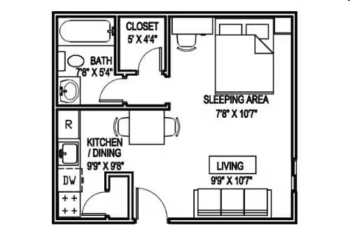 A Studio 380sf 1111 floor plan