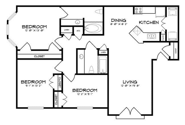 3 Beds • 2 Bath 7-727 floor plan