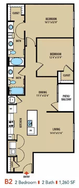 2 Beds • 2 Bath 1227 floor plan