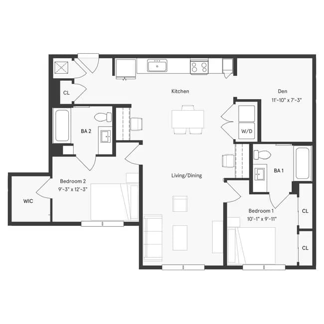 2x2B + Den Private floor plan