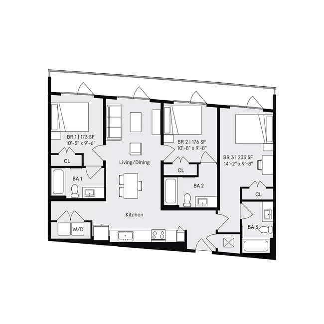 3 Beds • 3 Bath Private floor plan