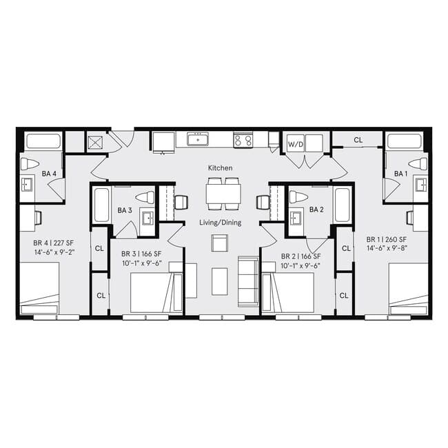 Private Bedroom in a 4x4A Private floor plan