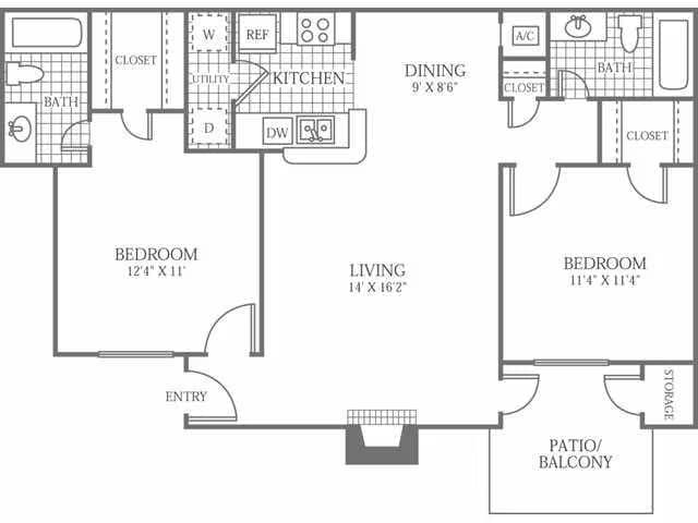 2 Beds • 1 Bath 1706-2 floor plan