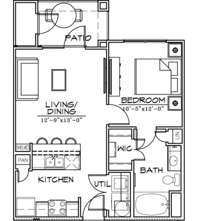1 BED / 1 BATH 823 floor plan