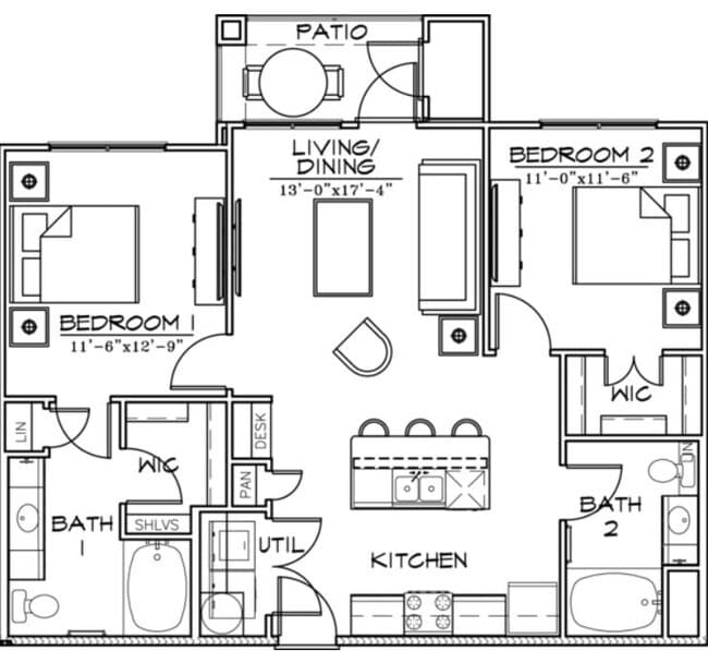 2 BED / 2 BATH 938 floor plan