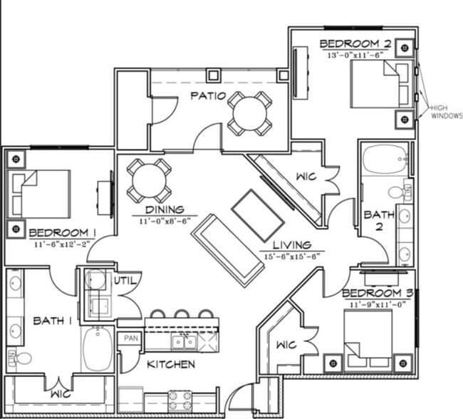 3 BED / 2 BATH 1020 floor plan