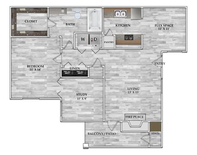 1x1 876 SF 0343 floor plan