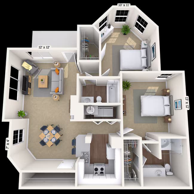 2 Beds • 2 Bath 009920 floor plan