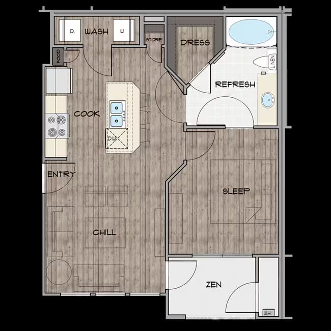 1 Bedroom, 1 Bathroom 2205 floor plan