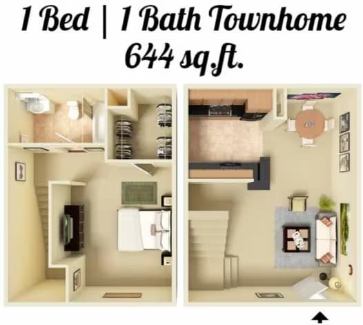1 Bed 1 Bath Townhome 808 floor plan