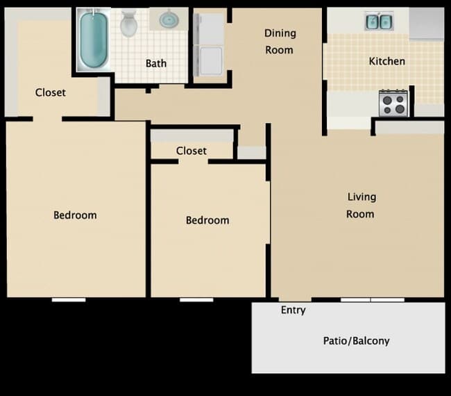 2 Beds • 1 Bath 1206C floor plan