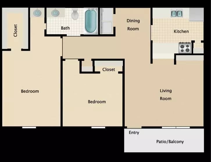 2 bedroom 1 bath 0806B floor plan