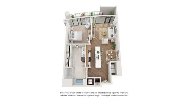 1 Bed • 1 Bath 1-21F floor plan
