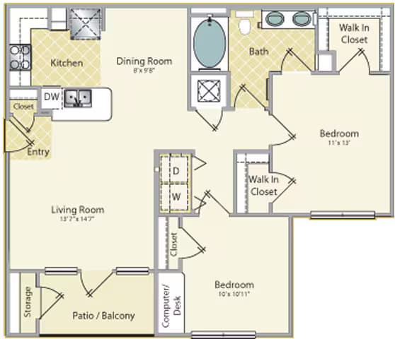 2 Beds • 1 Bath 8307 floor plan