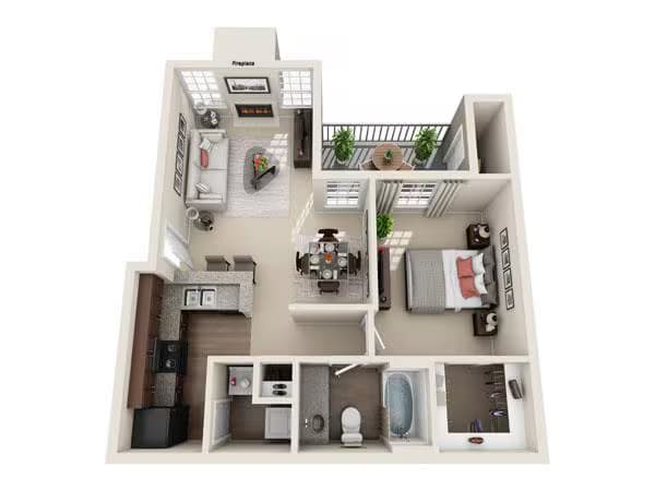 1 Bed • 1 Bath 1908 floor plan