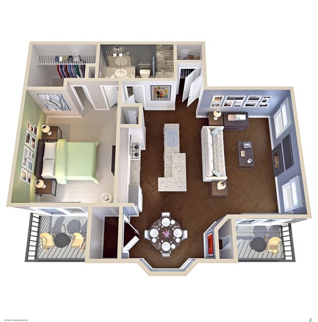 1 Bed 1 Bath 748 SF 1009 floor plan