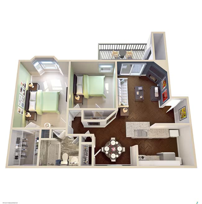 2 Bed 1 Bath 873 SF 0215 floor plan