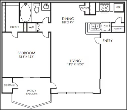 1 Bedroom, 1 Bath 1904 floor plan
