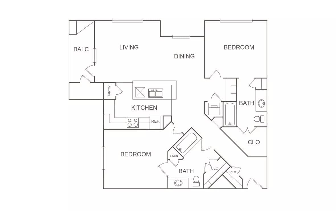 2 Beds • 2 Bath B1 floor plan
