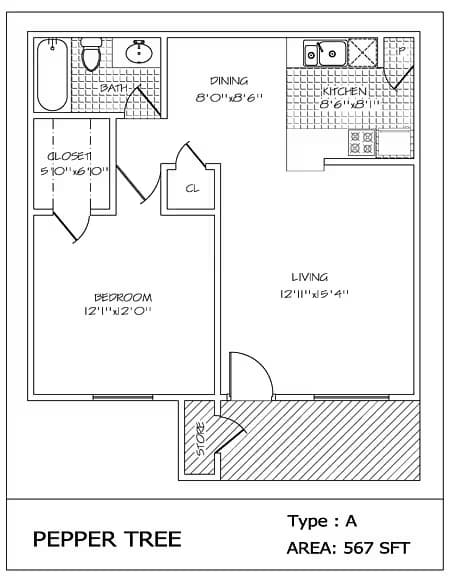 One Bed / One Bath 1416 floor plan