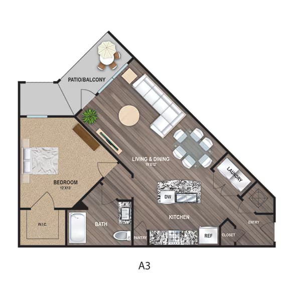 A3 One Bedroom, One Bathroom 12218 floor plan