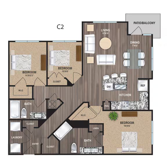 C2 - Three Bedroom Two Bathroom 12321 floor plan