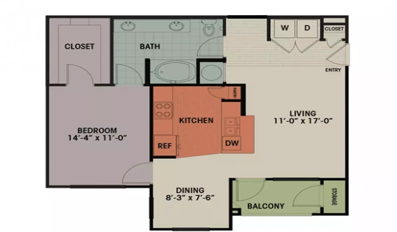 1 Bedroom, 1 Bath 858 sqft A1 516 floor plan