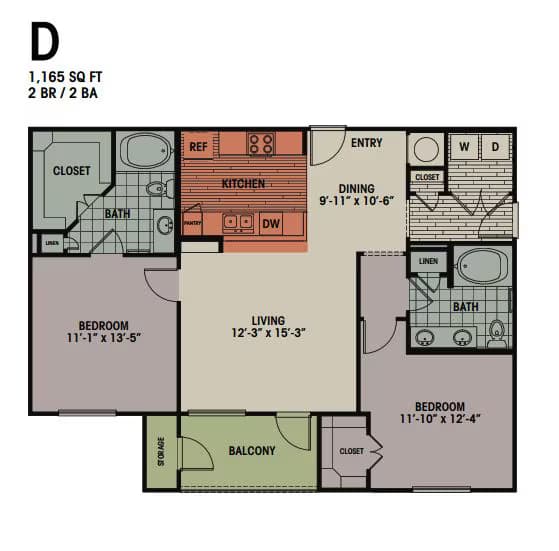 2 Bedroom, 2 Bath 1165 sqft E 12303 floor plan