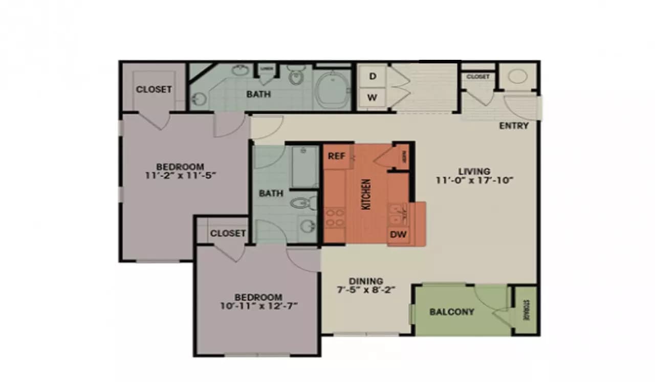 2 Bedroom, 2 Bath 1215 sqft B1 212 floor plan