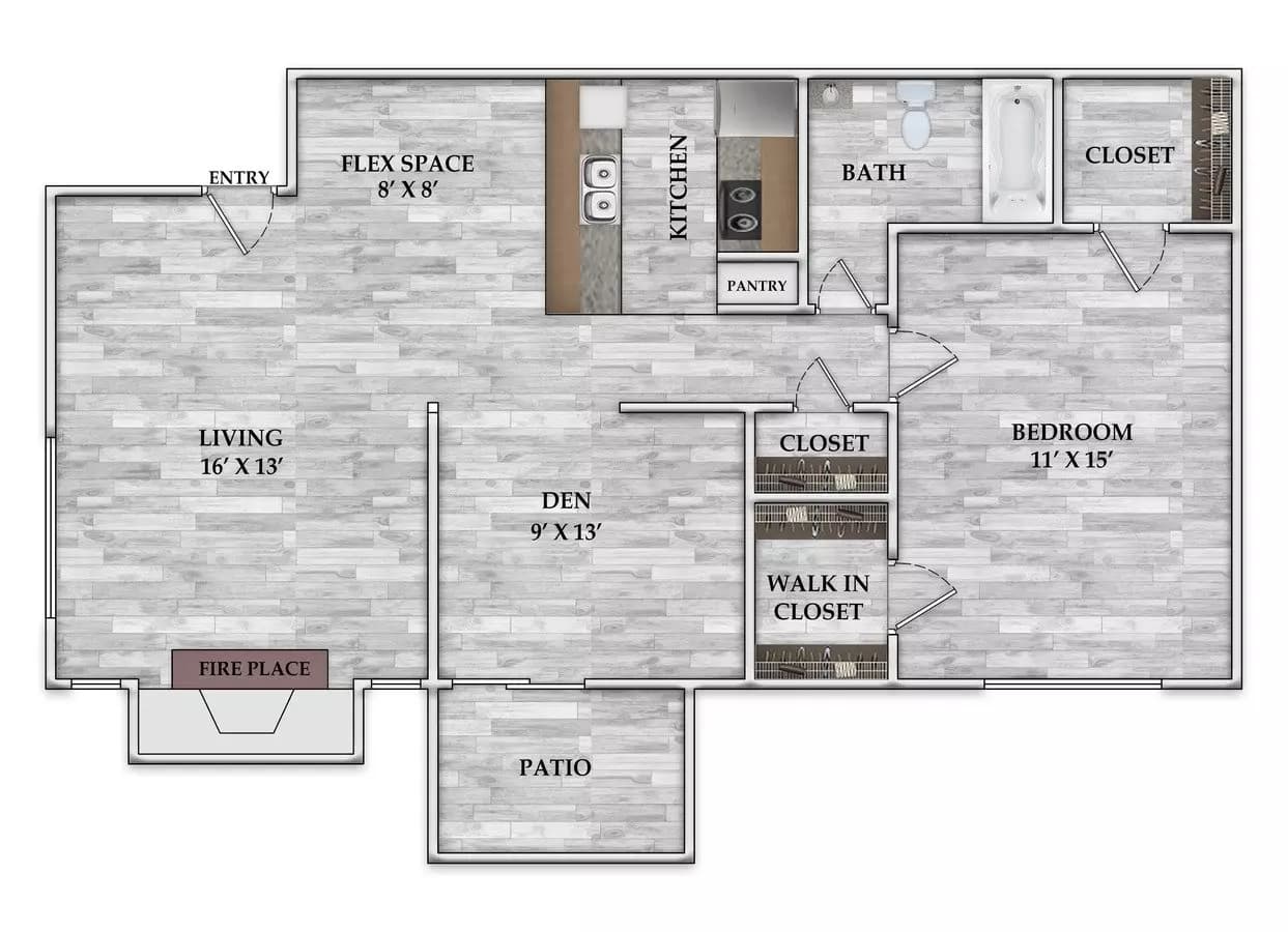 1x1 643 SF 1203 floor plan