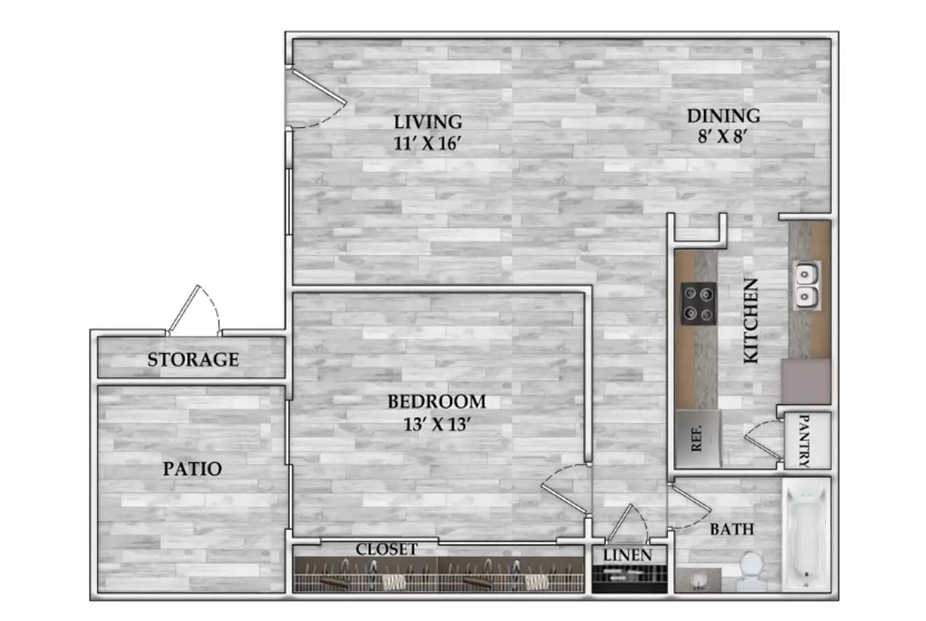 1x1 659 SF 1001 floor plan