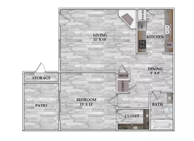 1x1 659 SF 702 floor plan