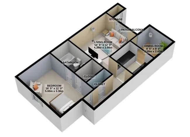 1 Bed • 1 Bath 003-302 floor plan