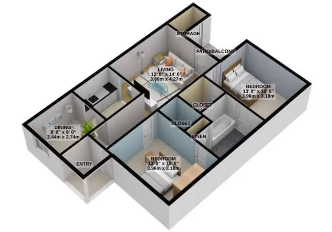 2 Beds • 1 Bath 14-1402 floor plan