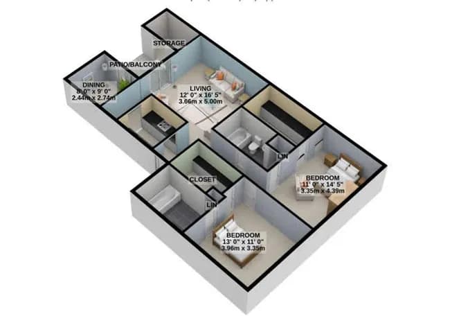 2 Bedroom 2 Bathroom 20-2007 floor plan