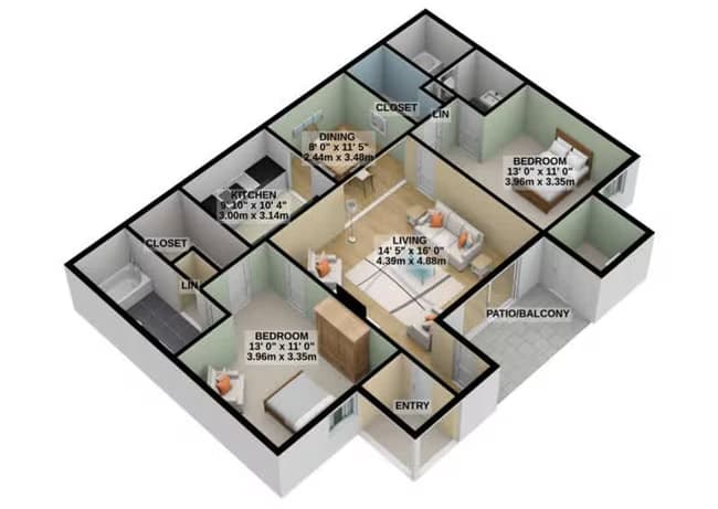 2 Bedroom 2 Bathroom 21-2102 floor plan