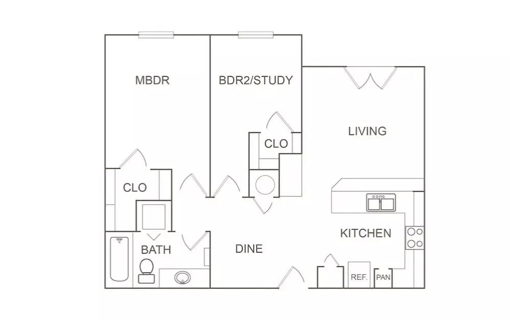 2 Beds • 1 Bath B1 floor plan