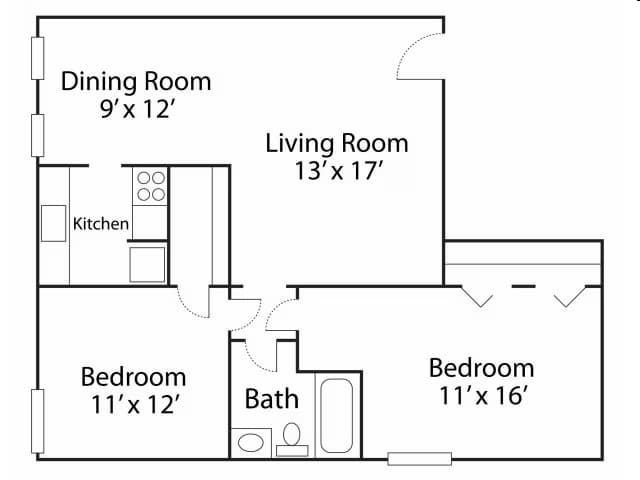 2 Bedroom/ 1 Bathroom Silver 105 floor plan