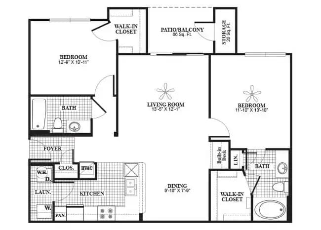 2 Beds • 2 Bath 0622 floor plan