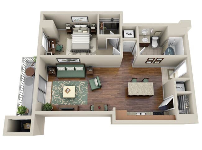 1 Bed • 1 Bath 1909 floor plan