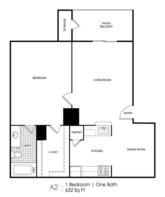 1 Bedroom, 1 Bathroom 214 floor plan