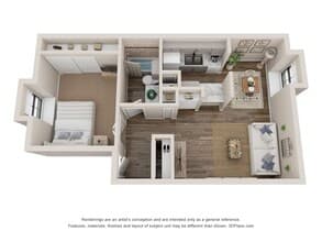 1 Bed 1 Bath Renovated 675 sq ft 3104 floor plan
