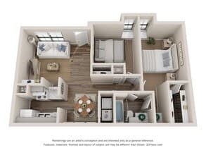 2 Bed 1 Bath Renovated 900 sq ft 2904 floor plan