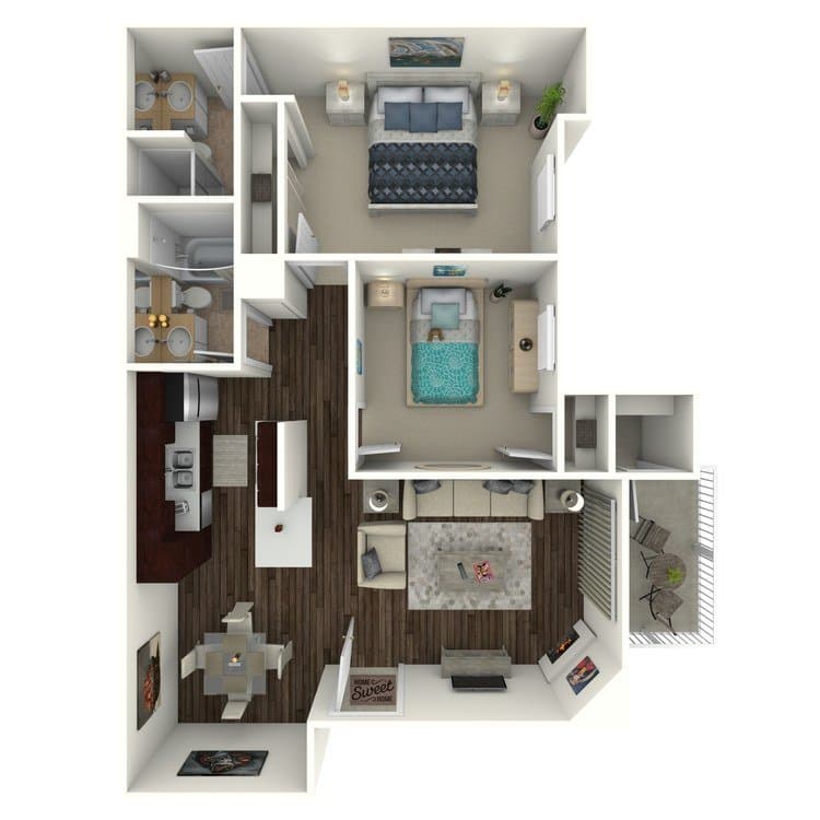2 Beds • 2 Bath Crest floor plan
