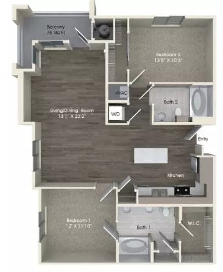 2 Beds • 2 Bath 03310 floor plan