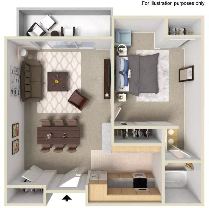 1 Bed, 1 Bath Model floor plan