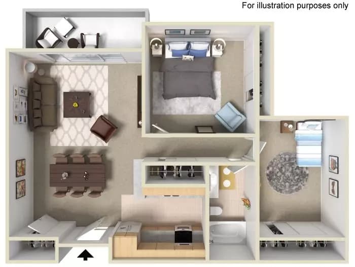 2 Beds, 1 Bath Model floor plan