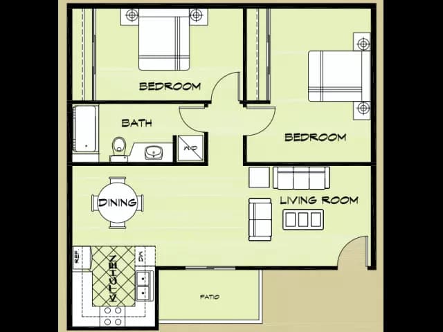 2 Beds • 1 Bath - floor plan